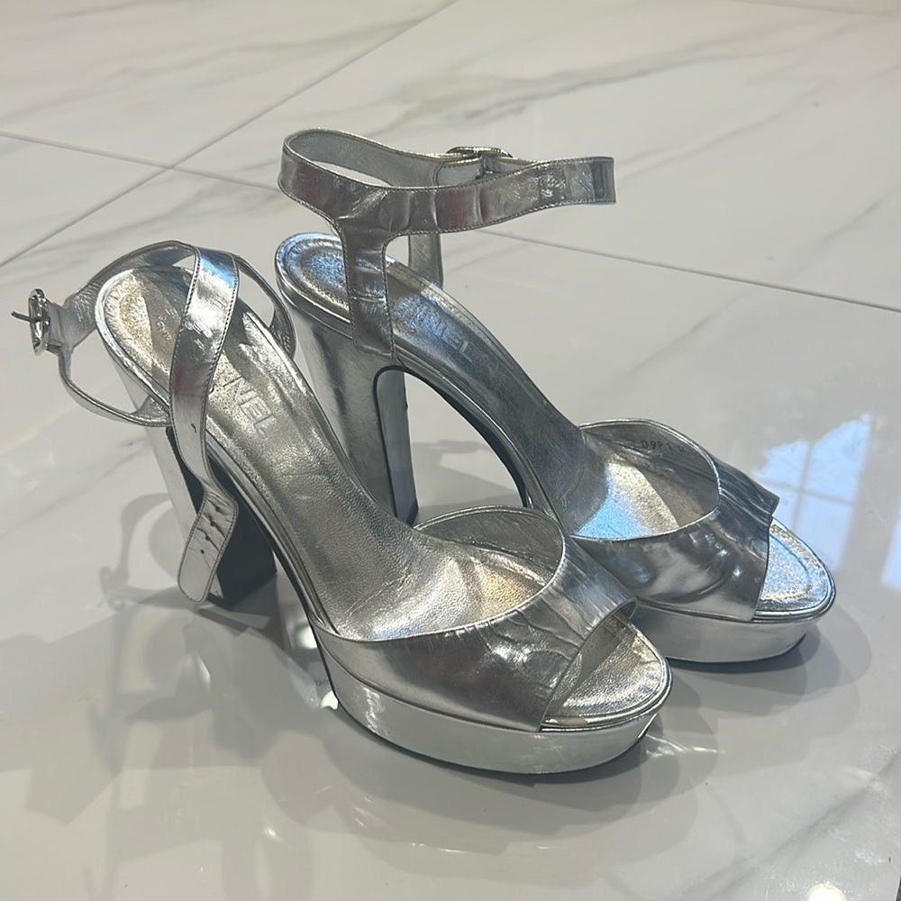 Chanel Silver Platform Sandal Pumps 41